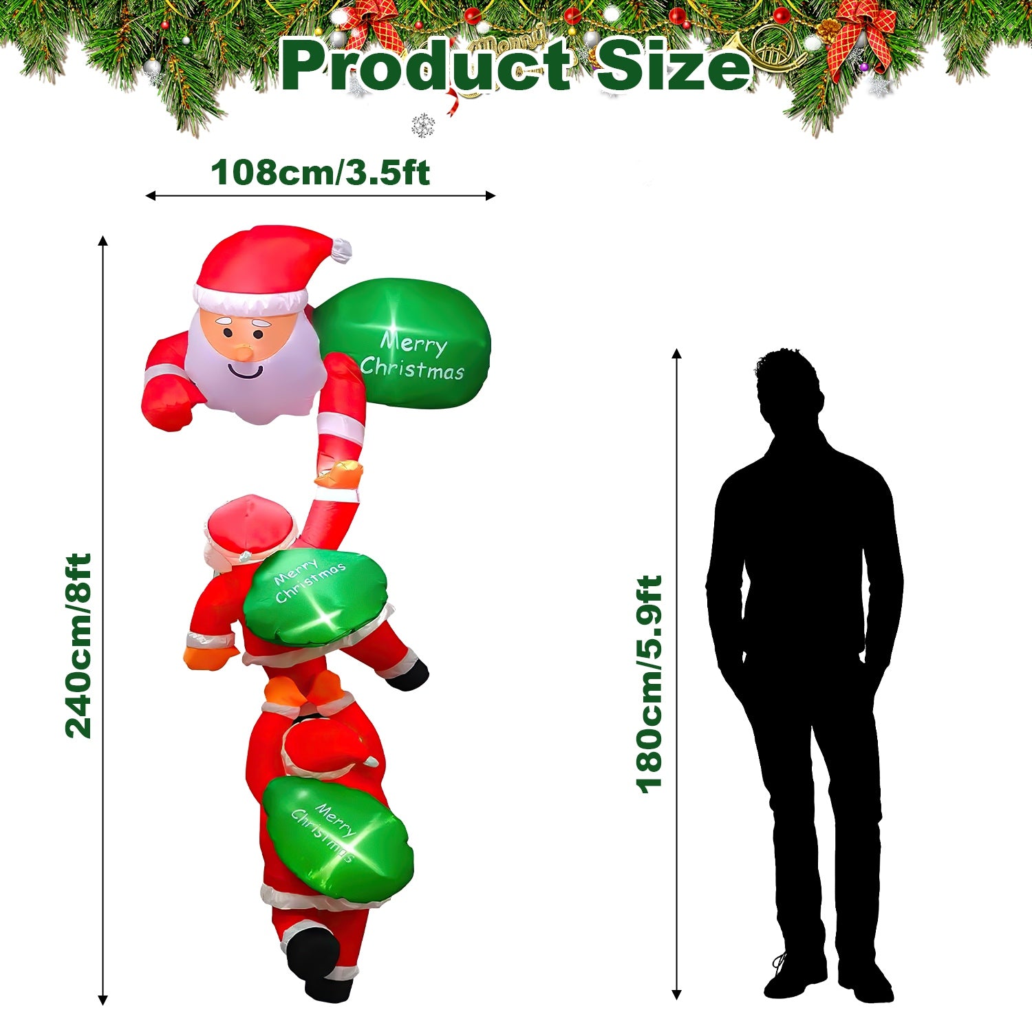8FT Climbing Inflatable Santa Claus with Light Hanging Blow Up Christmas Inflatable Indoor Outdoor Christmas Decorations 3 Santa Claus 3 Merry Christm