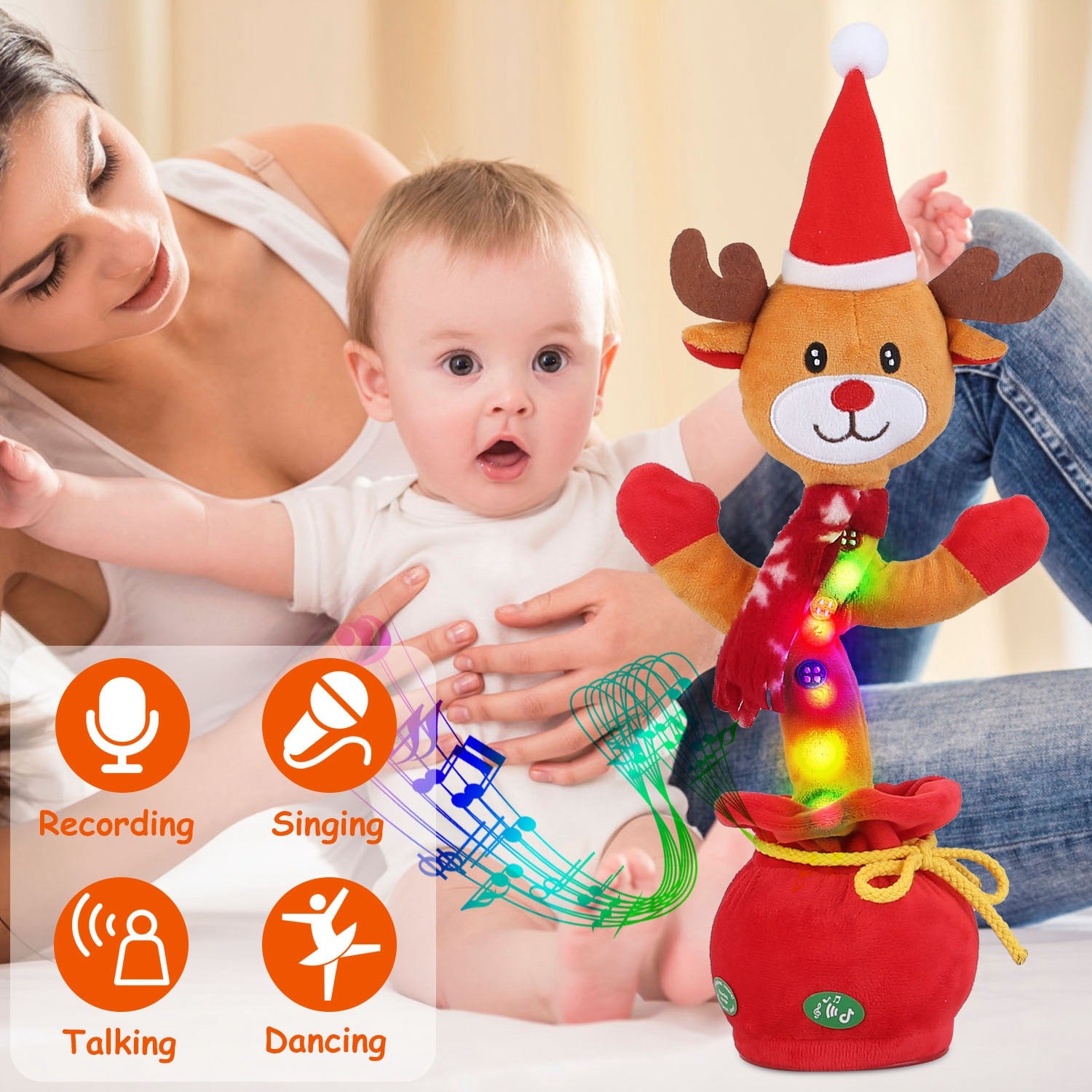 Kid Electric Dance Toy Christmas Elk Snowman Senior Penguin Plush Toy Interactive Sing Song Whirling Mimicking Recording Light up Toy