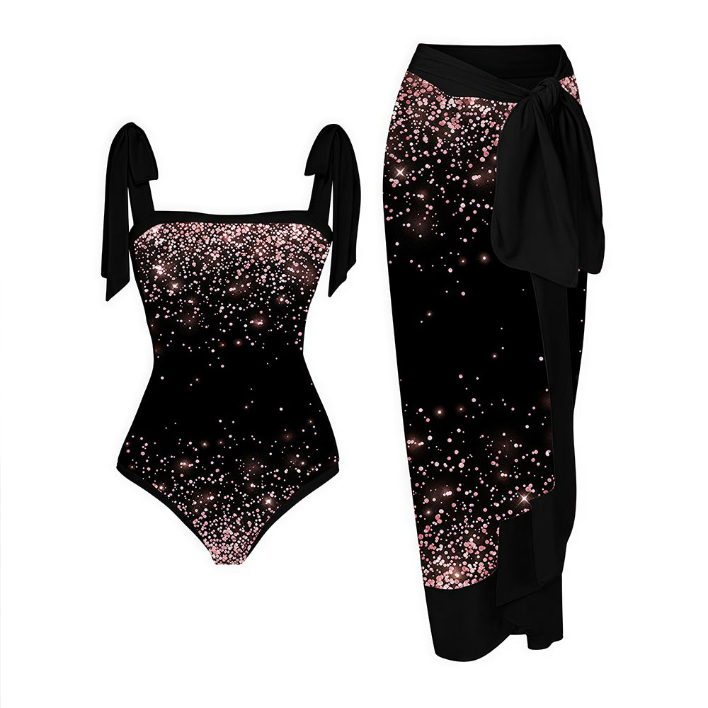 Black Rose Gold Glitter Print Swimsuit & Sarong Set