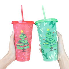 Christmas Color Changing Plastic Tumbler with Lid and Straw, 24oz Reusable Cold Cup, Christmas Tree Pattern Color Change Cup for Holiday Party, Xmas Gift for Family Friends
