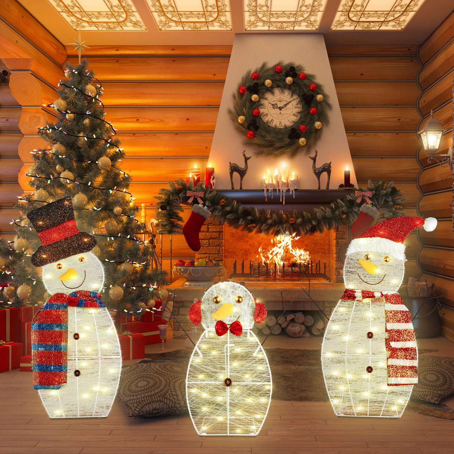 3Pcs 2D Christmas Snowman Yard Decoration Snowman Family Outdoor Decoration With 90Pcs LED Warm Yellow Lights 8 Lighting Modes IP44 Waterproof For Chr