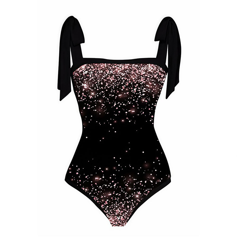 Black Rose Gold Glitter Print Swimsuit & Sarong Set