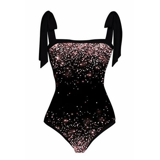 Black Rose Gold Glitter Print Swimsuit & Sarong Set