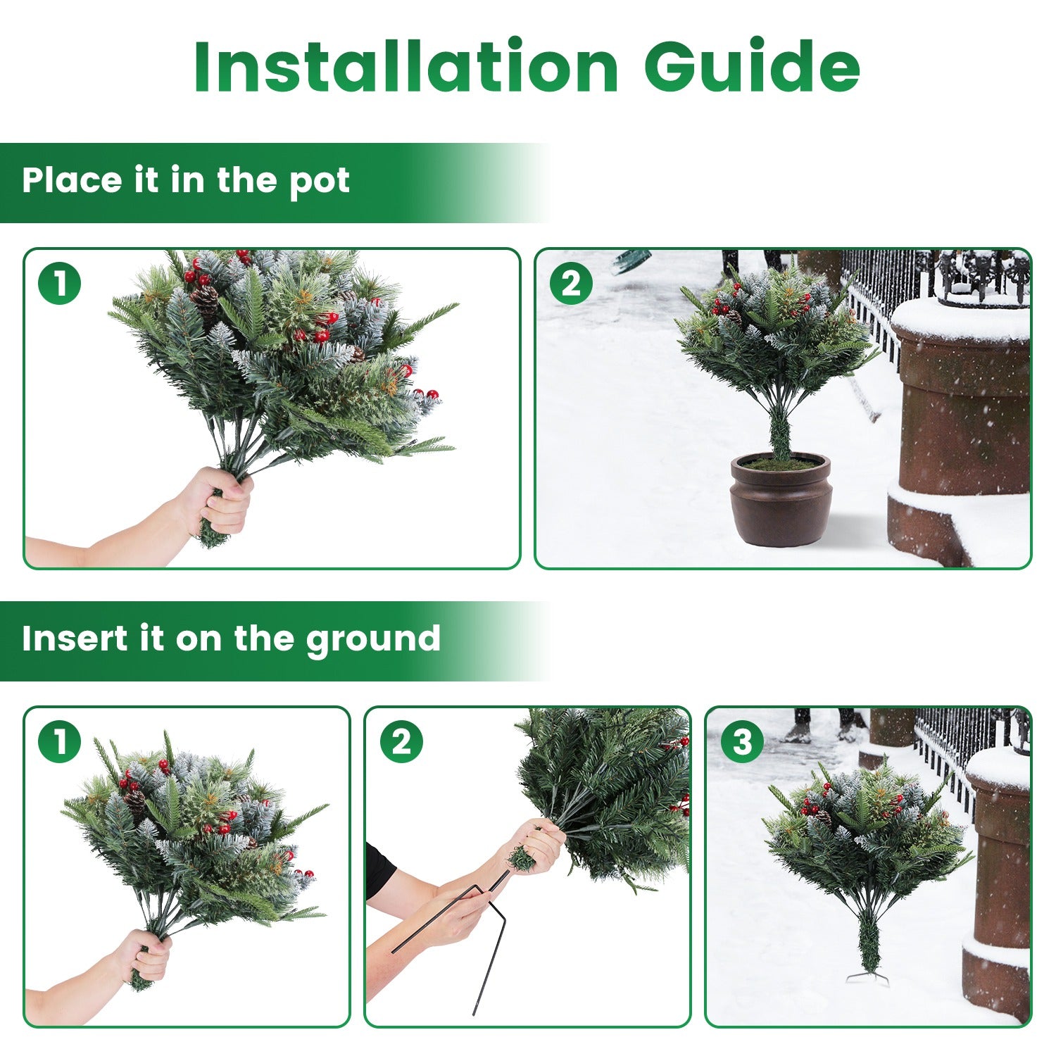 2Pcs Christmas Tree Urn Filler With Light Artificial Lighted Xmas Trees Light with Cones Berries Holiday Planter Filler LED Pathway Pine Tree IP44 Wat