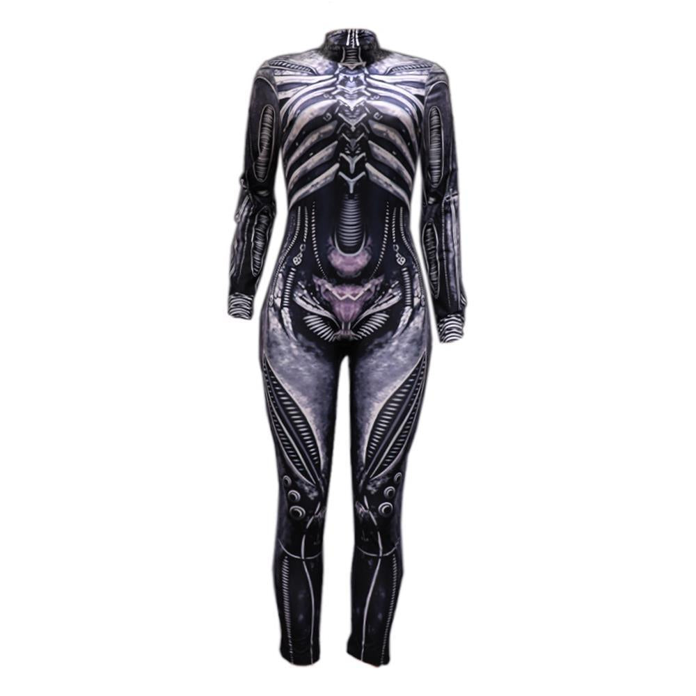 Halloween women's cosplay jumpsuit with human bone print and gothic style for costume party