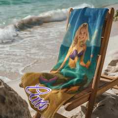 Personalized Mermaid Beach Towel, Custom Face & Name Beach Towel for Her/Girlfriend/Wife,Cute Mermaid Pool Towel, Custom Marine Beach Towel.