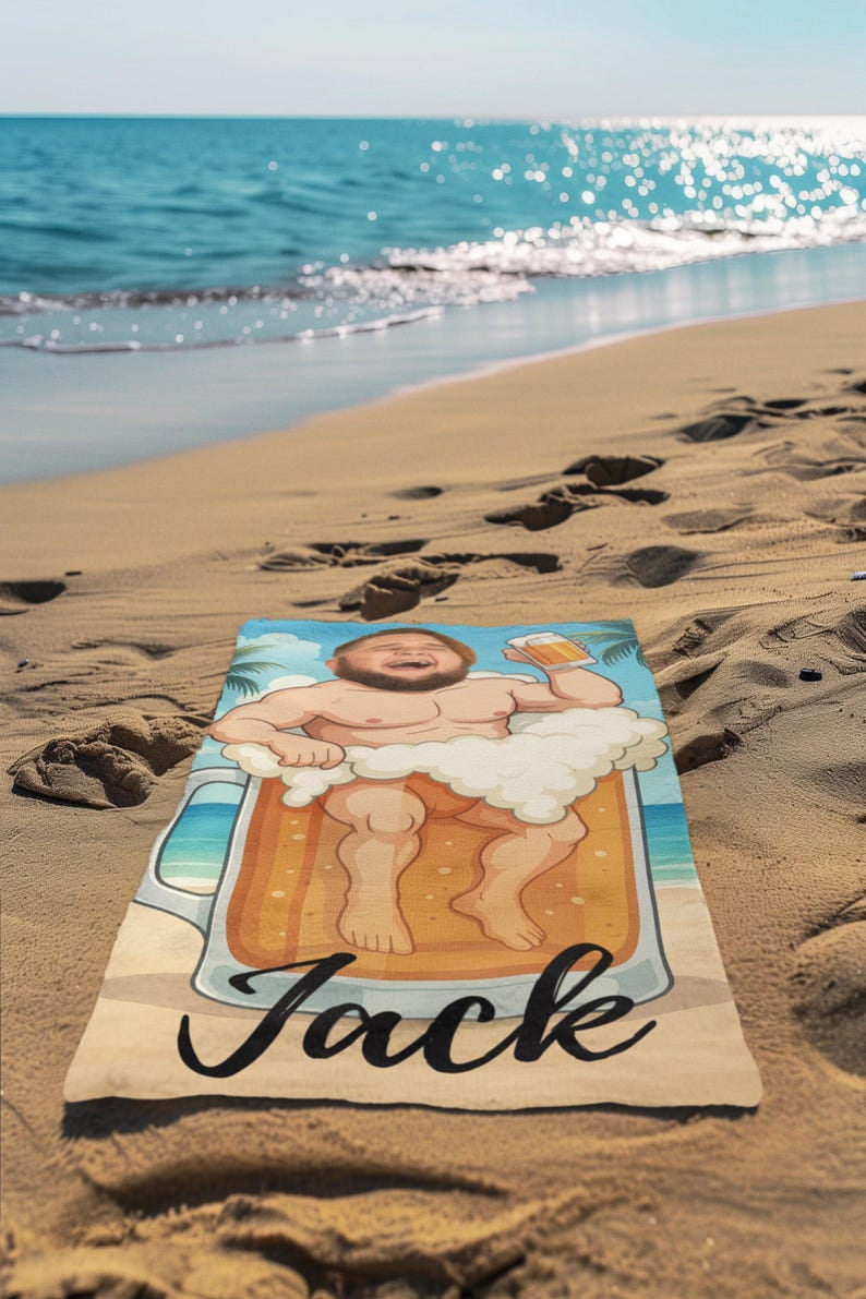 Personalized Beer Mug Beach Towel with Custom Face and Name, Funny Summer Pool Gift.