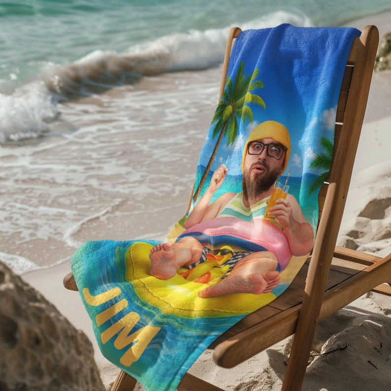 Personalized Beach Towel with Face and Name, Funny Pool Float Vacation Gift, Birthday Gift .