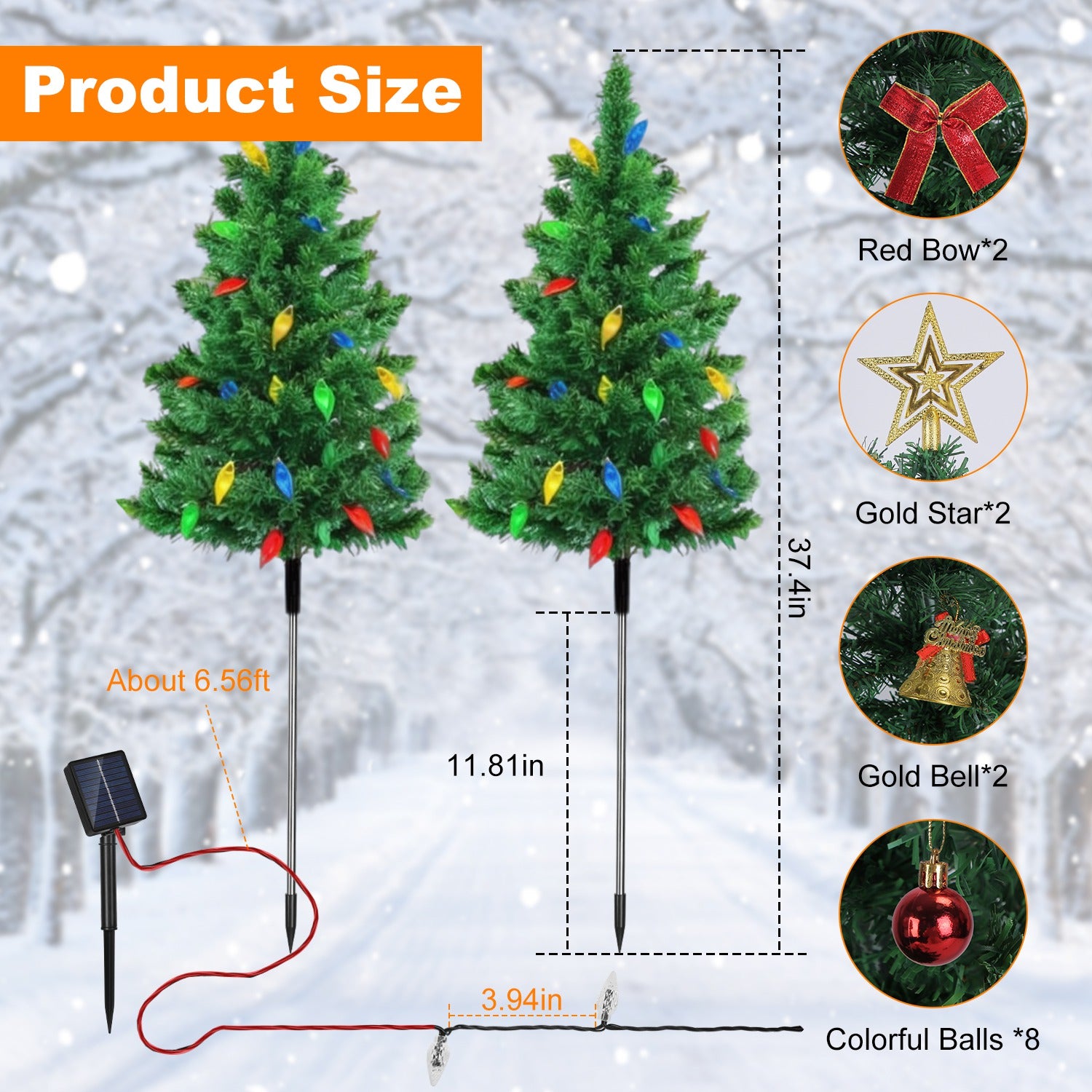 2Pack 37.4in Height Solar Christmas Tree With 100 Colorful LED Beads 8 Lighting Modes For Xmas Decoration IP44 Waterproof Outdoor Pathway Stake Light
