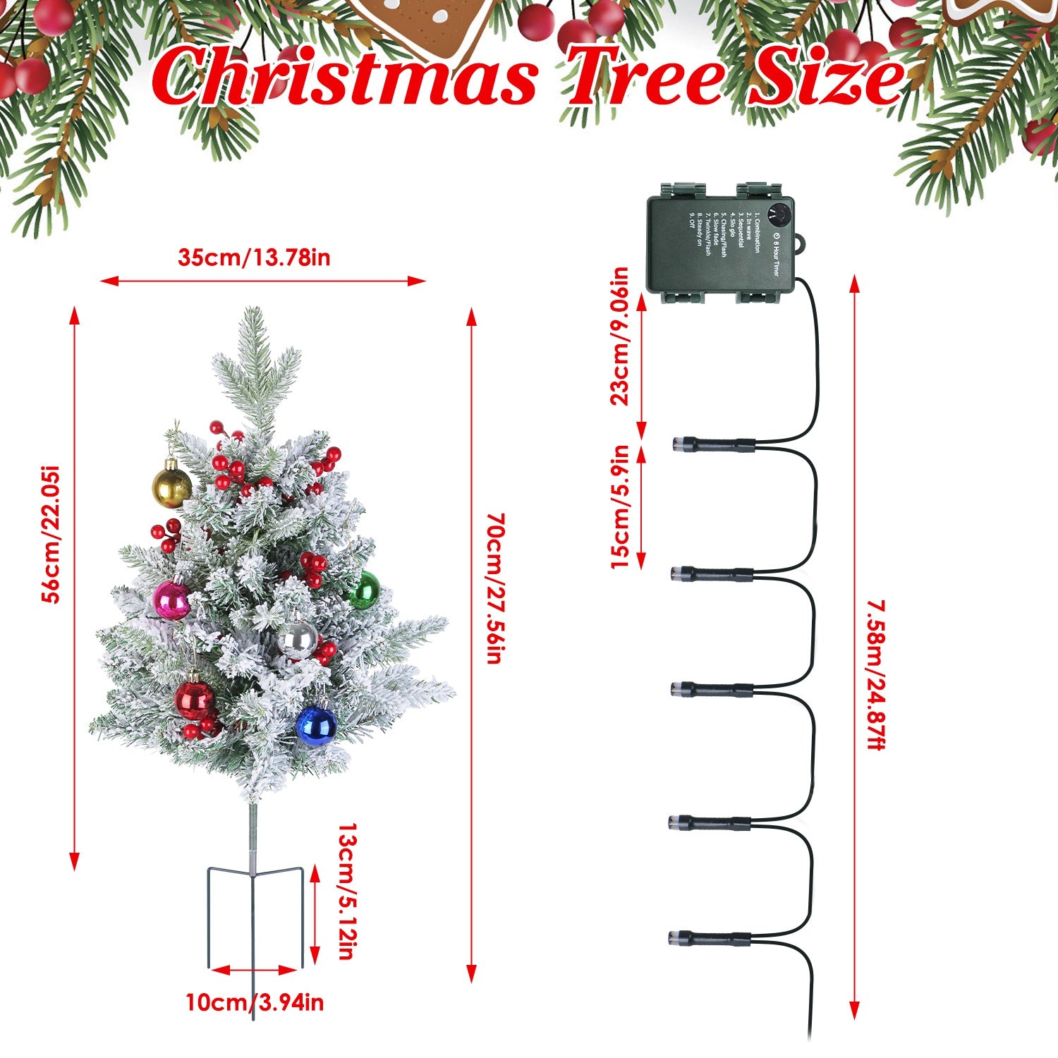 2Pcs Solar Powered Lighted Christmas Tree Urn Filler With Light Artificial Xmas Trees Light with Berries Decor Balls LED Pathway Pine Tree IP44 Waterp
