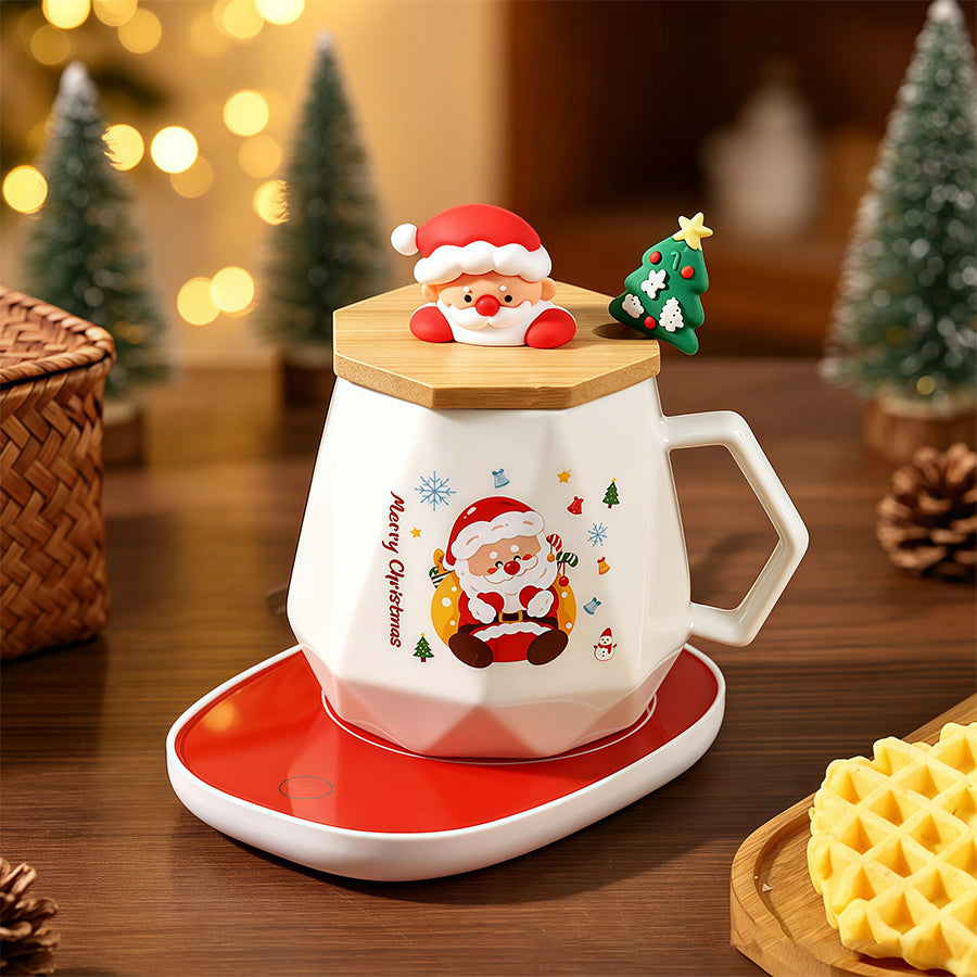 Christmas Mug Gift Set with Warmer - Santa Ceramic Coffee Mug, Wooden Lid & Tree Spoon, Holiday Keepsake Gift Box (4-Piece)