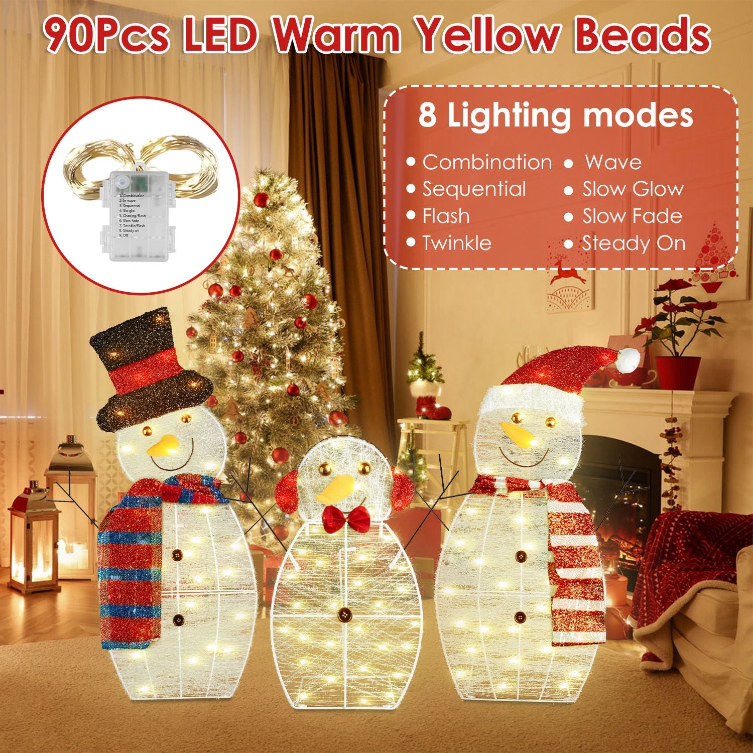 3Pcs 2D Christmas Snowman Yard Decoration Snowman Family Outdoor Decoration With 90Pcs LED Warm Yellow Lights 8 Lighting Modes IP44 Waterproof For Chr