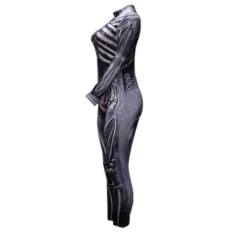 Halloween women's cosplay jumpsuit with human bone print and gothic style for costume party