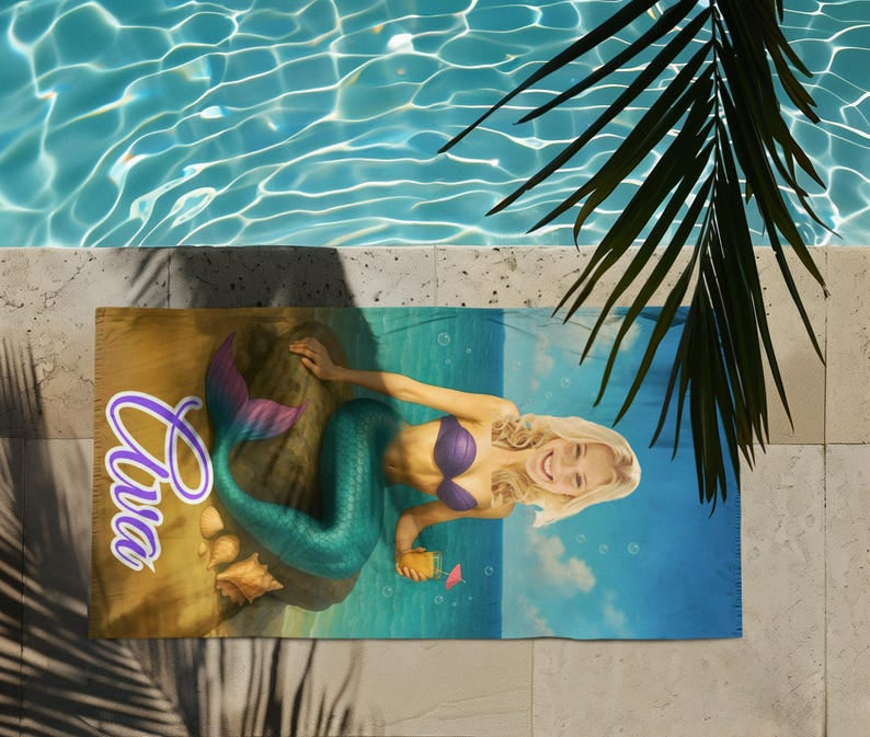 Personalized Mermaid Beach Towel, Custom Face & Name Beach Towel for Her/Girlfriend/Wife,Cute Mermaid Pool Towel, Custom Marine Beach Towel.
