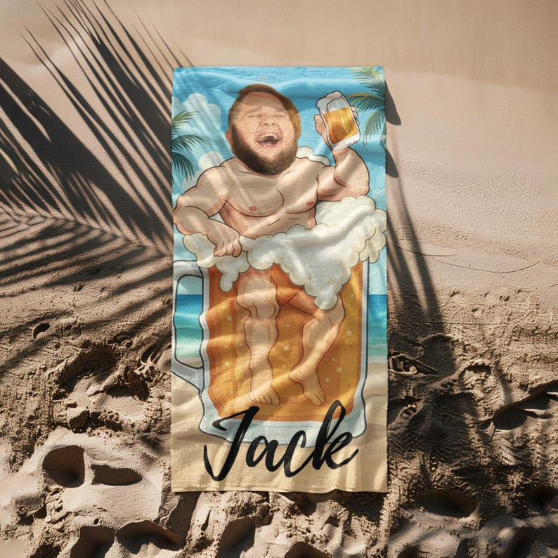 Personalized Beer Mug Beach Towel with Custom Face and Name, Funny Summer Pool Gift.