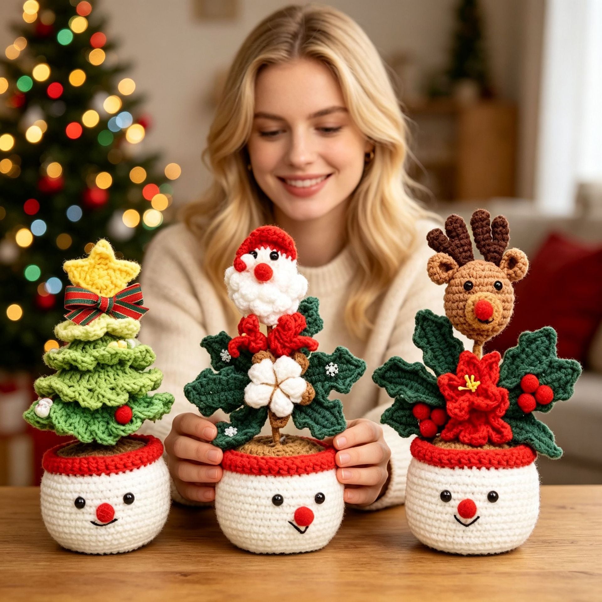 Hand Crochet Christmas Potted Ornaments, Cute Knitted Santa, Reindeer & Christmas Tree Tabletop Decor, Handmade Wool Figurine for Xmas Desktop Decoration, Holiday Gift
