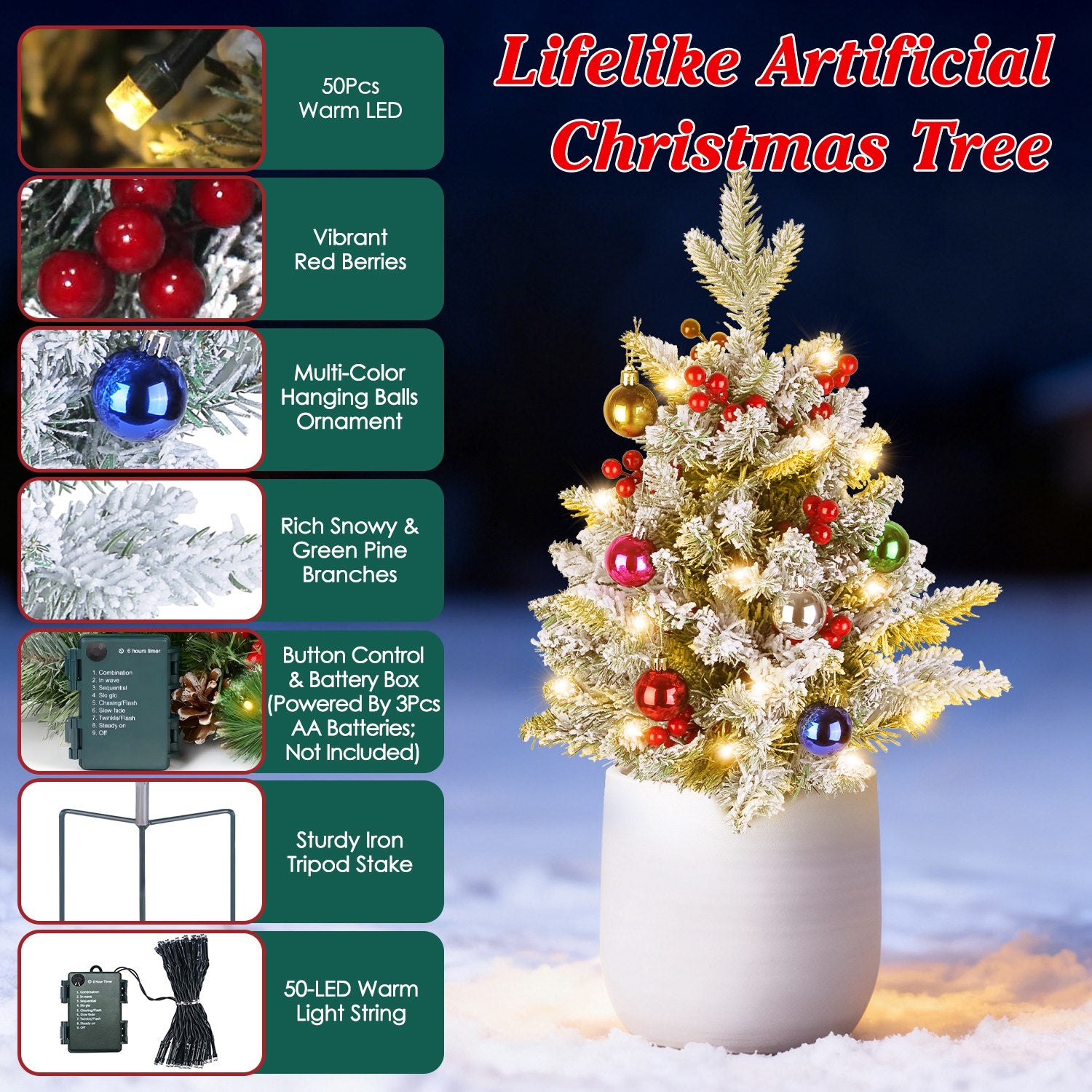 2Pcs Solar Powered Lighted Christmas Tree Urn Filler With Light Artificial Xmas Trees Light with Berries Decor Balls LED Pathway Pine Tree IP44 Waterp