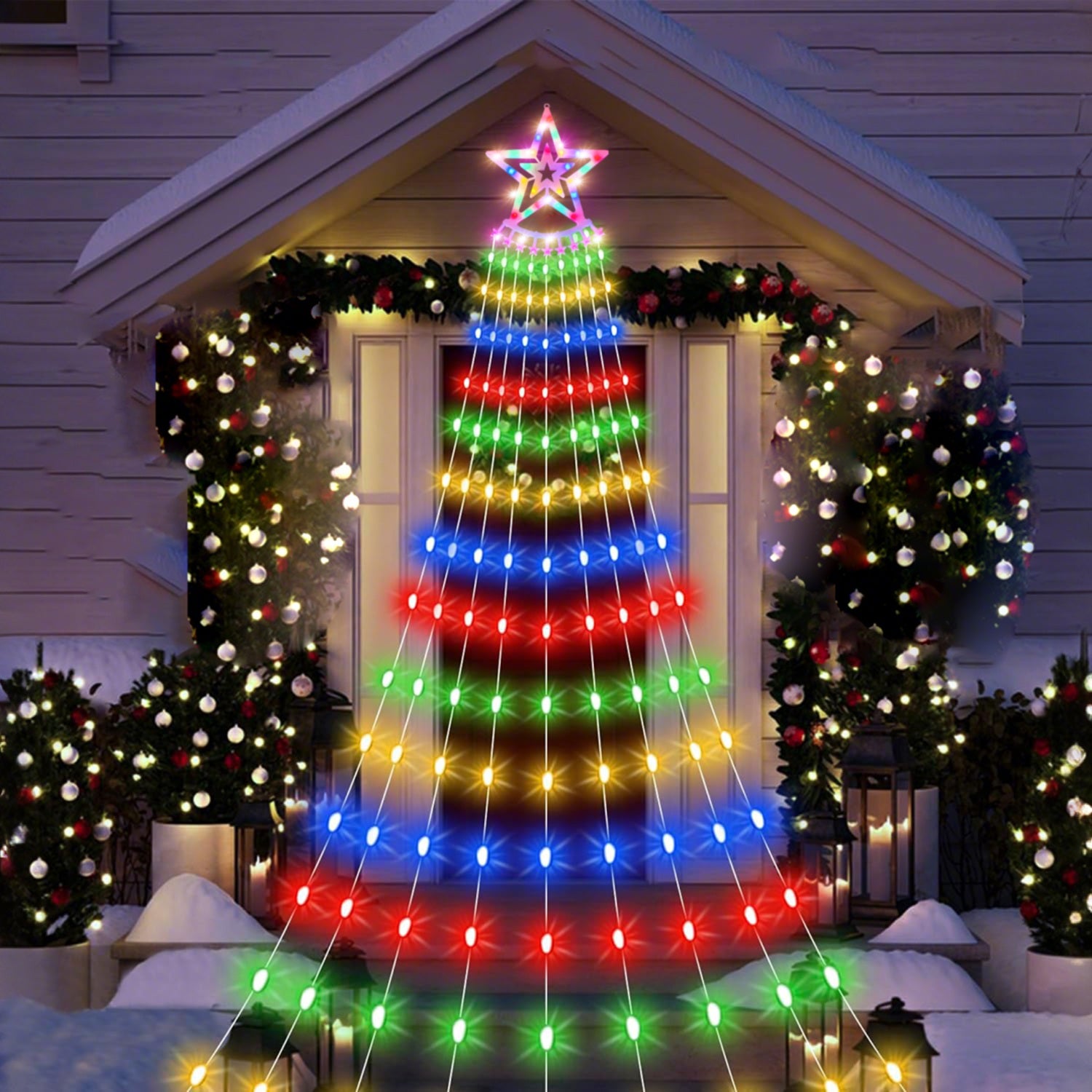 11.48FT 350LED Multicolored Christmas Star Waterfall Tree String Light Indoor Outdoor Waterproof String Lights With Star Topper 8 Light Modes Memory F