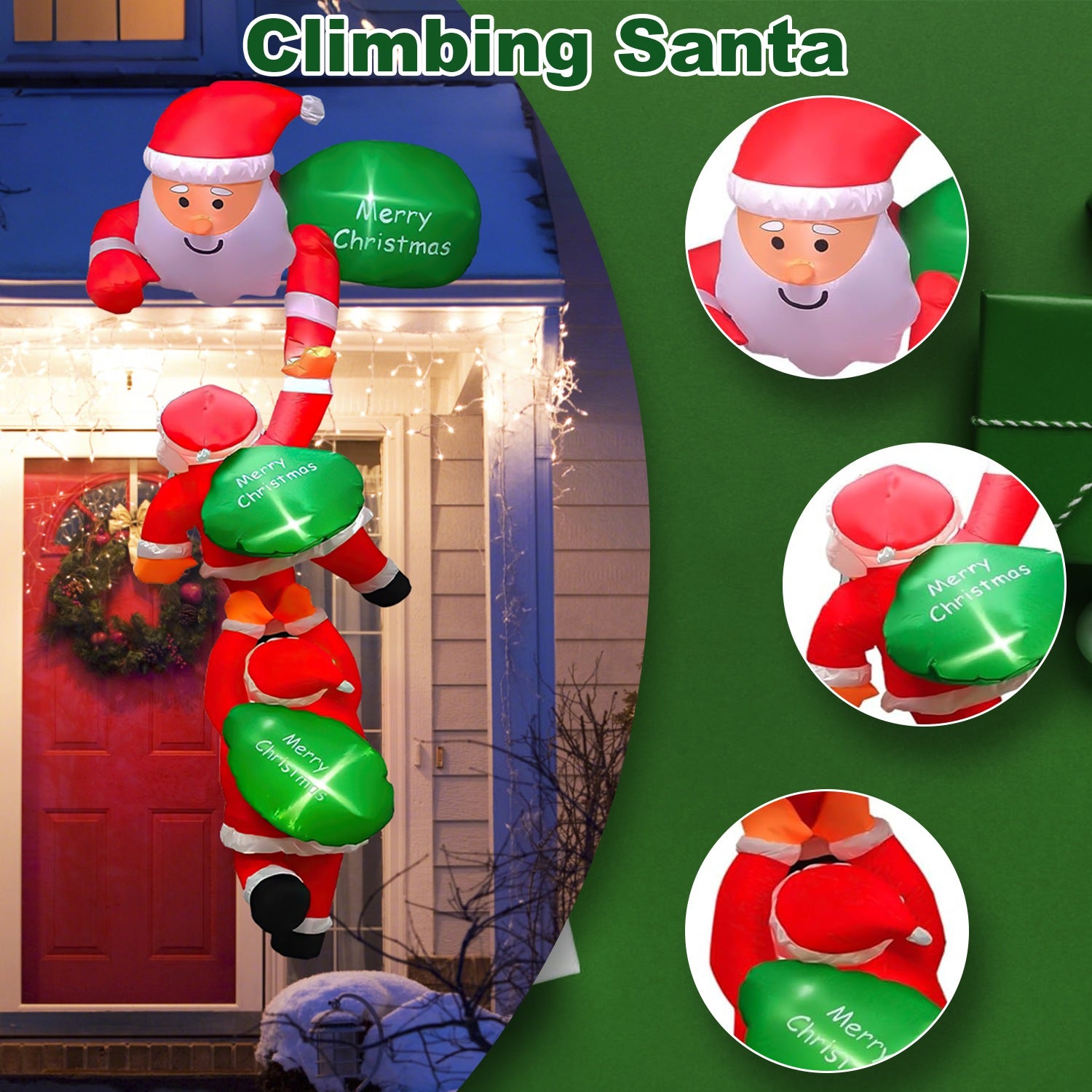 8FT Climbing Inflatable Santa Claus with Light Hanging Blow Up Christmas Inflatable Indoor Outdoor Christmas Decorations 3 Santa Claus 3 Merry Christm
