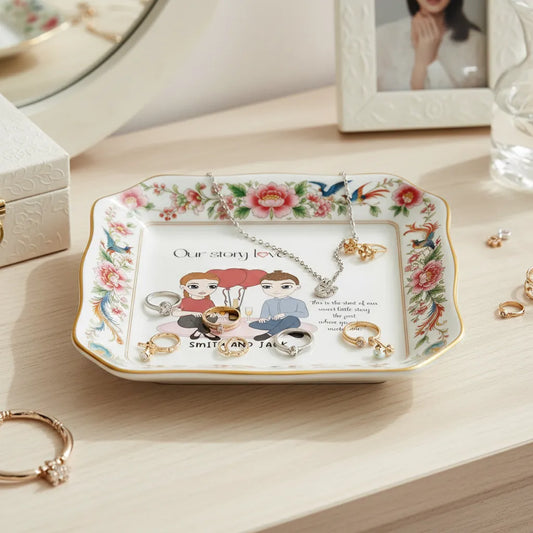 Custom  Photo Ceramic Trinket Tray with Elegant Floral and Phoenix Bird Border-Our stoty love