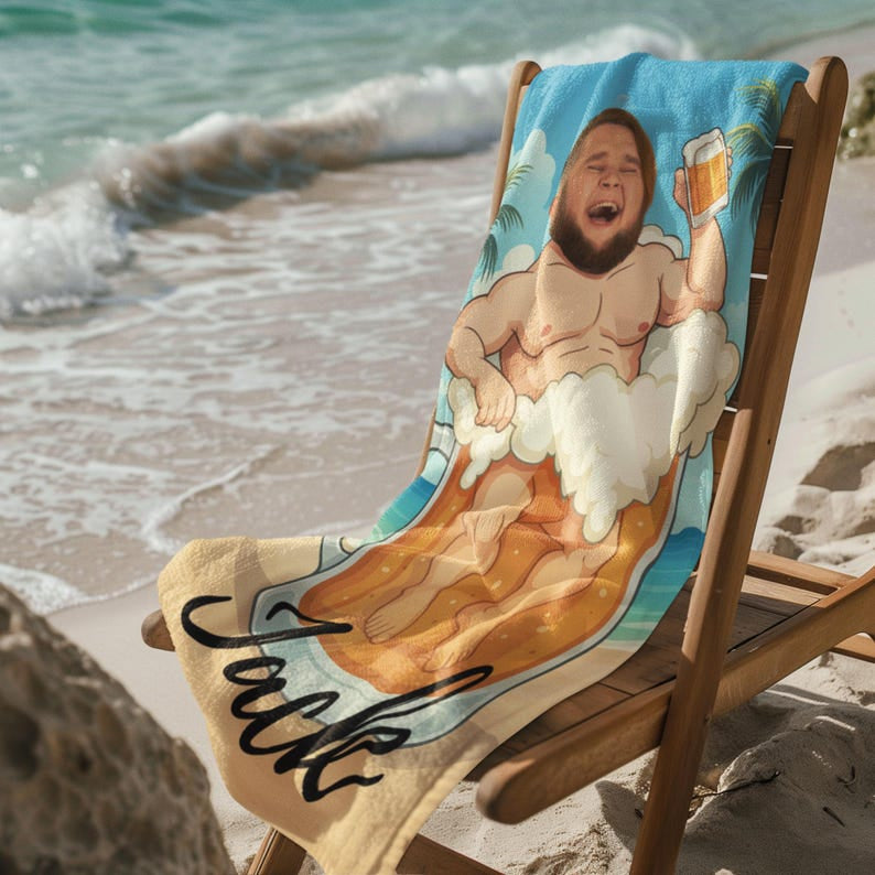 Personalized Beer Mug Beach Towel with Custom Face and Name, Funny Summer Pool Gift.