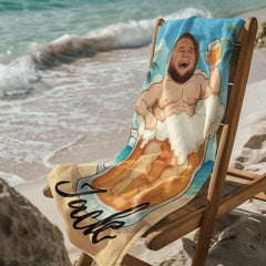 Personalized Beer Mug Beach Towel with Custom Face and Name, Funny Summer Pool Gift.