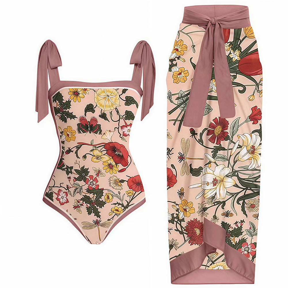 High Waist Sarong Cover Up Floral Bathing Suit