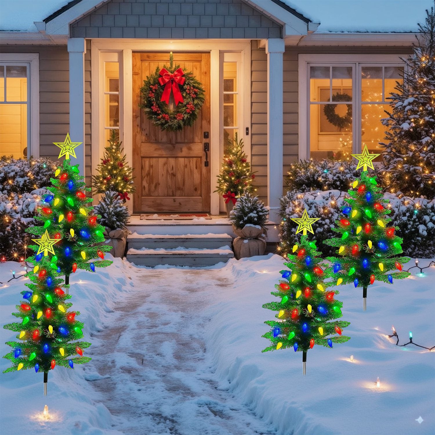 2Pack 37.4in Height Solar Christmas Tree With 100 Colorful LED Beads 8 Lighting Modes For Xmas Decoration IP44 Waterproof Outdoor Pathway Stake Light