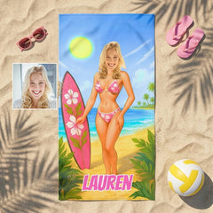 Custom Girls Beach Towel, Personalized Face Photo Gift, Bachelorette Pool Towel, Funny Gifts.