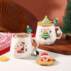 Christmas Mug Gift Set with Warmer - Santa Ceramic Coffee Mug, Wooden Lid & Tree Spoon, Holiday Keepsake Gift Box (4-Piece)