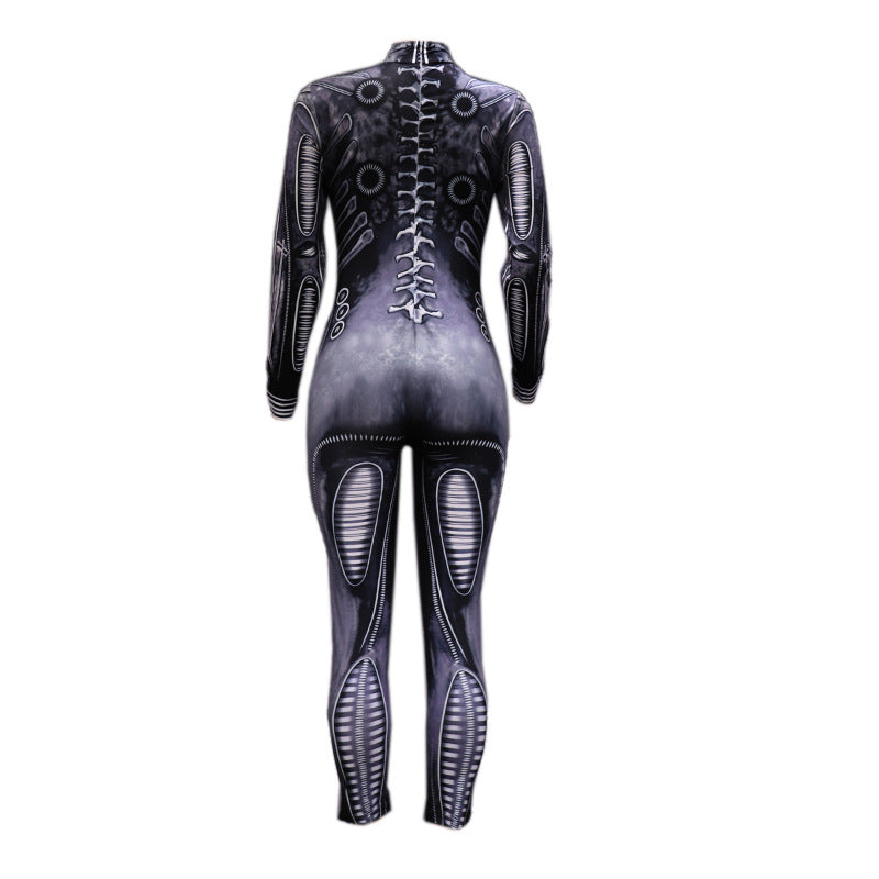 Halloween women's cosplay jumpsuit with human bone print and gothic style for costume party