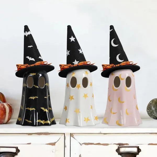 set of 3 ceramic ghost figurines with witch hats - product photo 5 of 6
