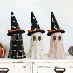 set of 3 ceramic ghost figurines with witch hats - product photo 5 of 6