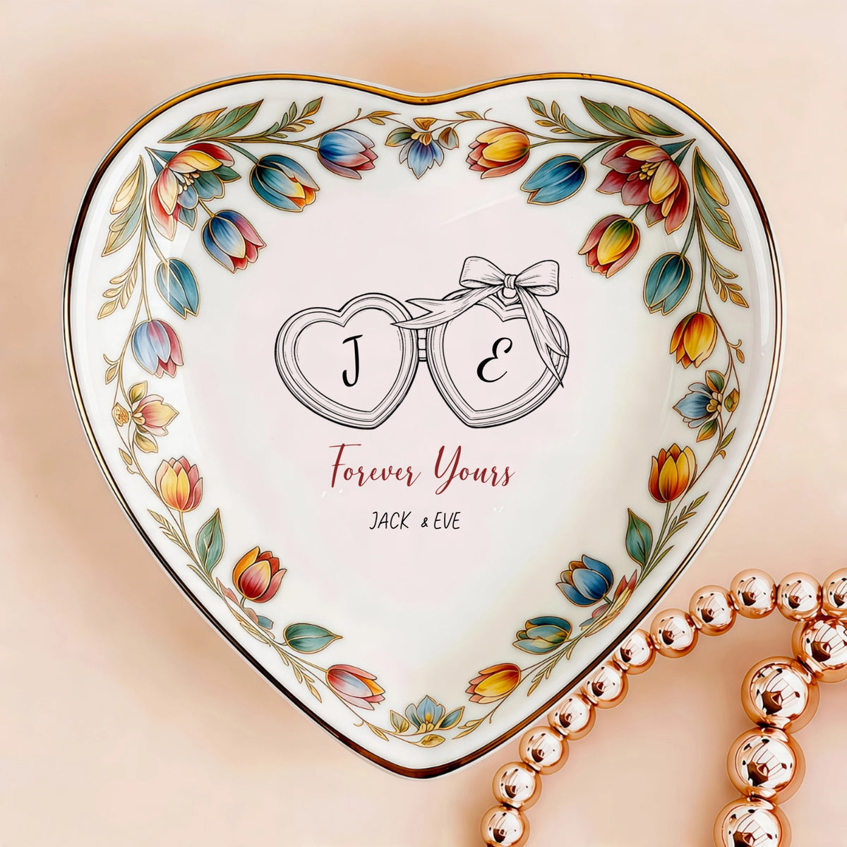 Custom Photo Ceramic Trinket Tray with Colorful Tulip Floral Border-Forever Yours