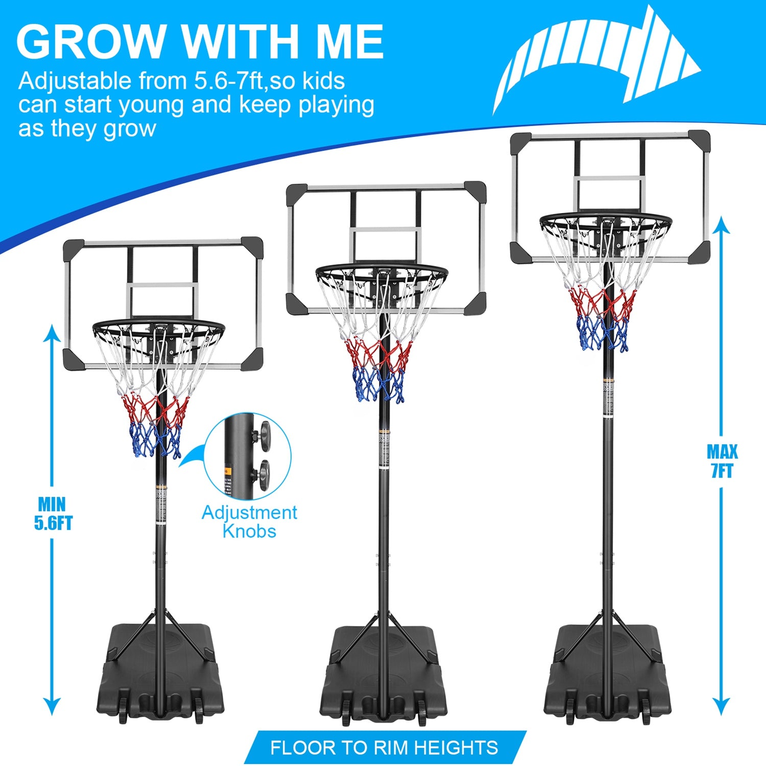 1Set Portable Kids Basketball Hoop With Wheels, Height Adjustable 5.6 To 7ft Basketball Goal System Indoor Outdoor For Kids Teens Adults For Christmas Gift