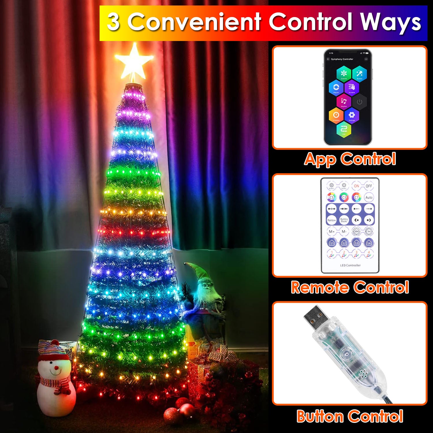 4.9FT 166Pcs LED Lights Collapsible Christmas Tree Light with Remote App Control IP65 Waterproof Customized Multi-Color Mode Timer Setting Work with A