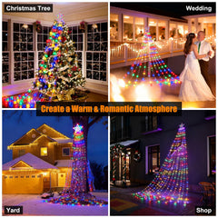 11.48FT 350LED Multicolored Christmas Star Waterfall Tree String Light Indoor Outdoor Waterproof String Lights With Star Topper 8 Light Modes Memory F