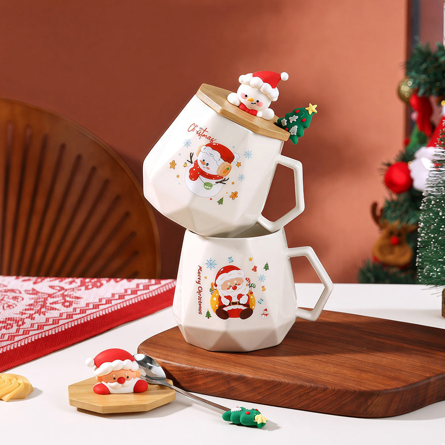 Christmas Mug Gift Set with Warmer - Santa Ceramic Coffee Mug, Wooden Lid & Tree Spoon, Holiday Keepsake Gift Box (4-Piece)
