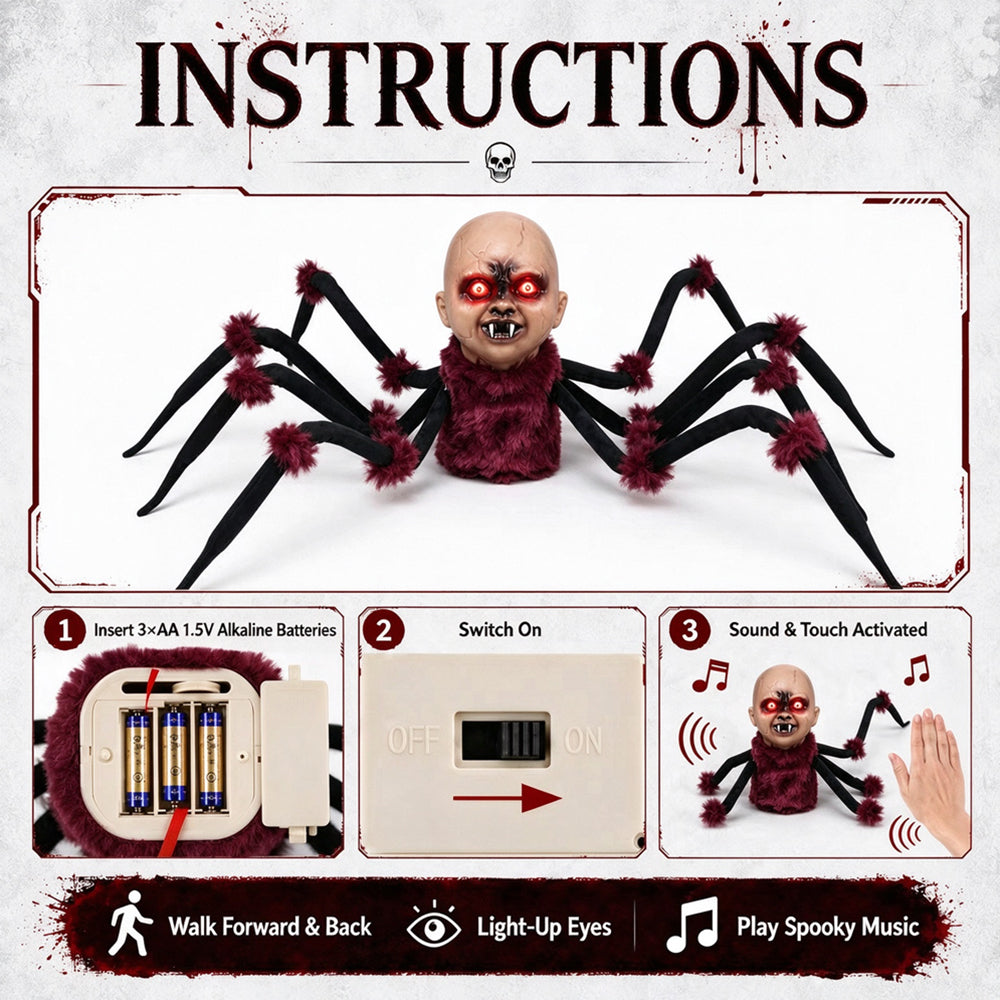 Halloween Crawling Head Spider Animatronic Prop, Touch Activated Decoration with Red LED Glowing Eyes, Spooky Music, Move Forward & Backward for Haunted House Yard Decor