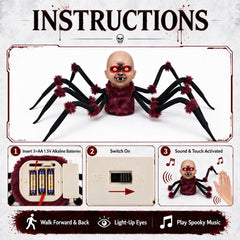 Halloween Crawling Head Spider Animatronic Prop, Touch Activated Decoration with Red LED Glowing Eyes, Spooky Music, Move Forward & Backward for Haunted House Yard Decor
