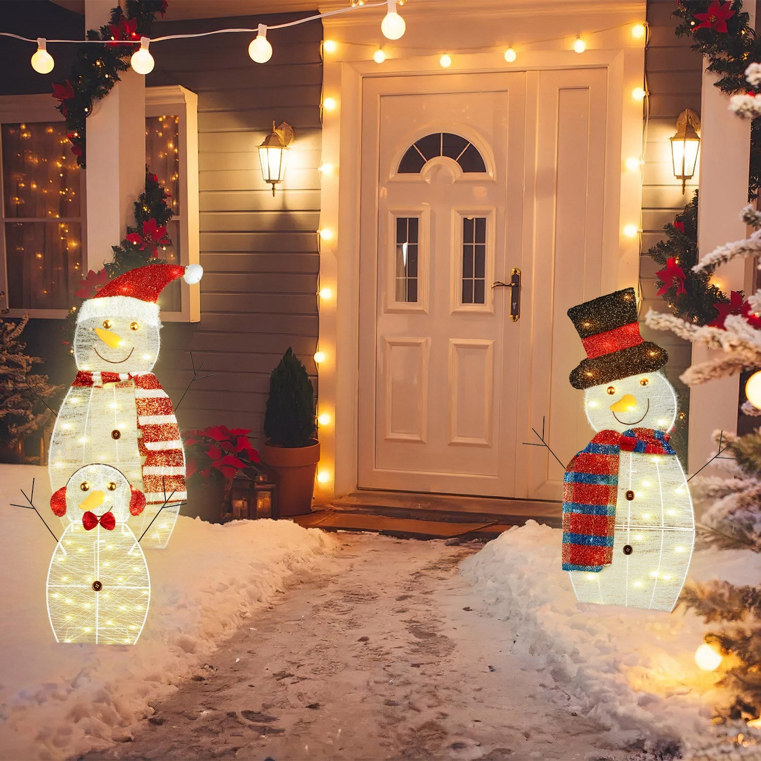 3Pcs 2D Christmas Snowman Yard Decoration Snowman Family Outdoor Decoration With 90Pcs LED Warm Yellow Lights 8 Lighting Modes IP44 Waterproof For Chr