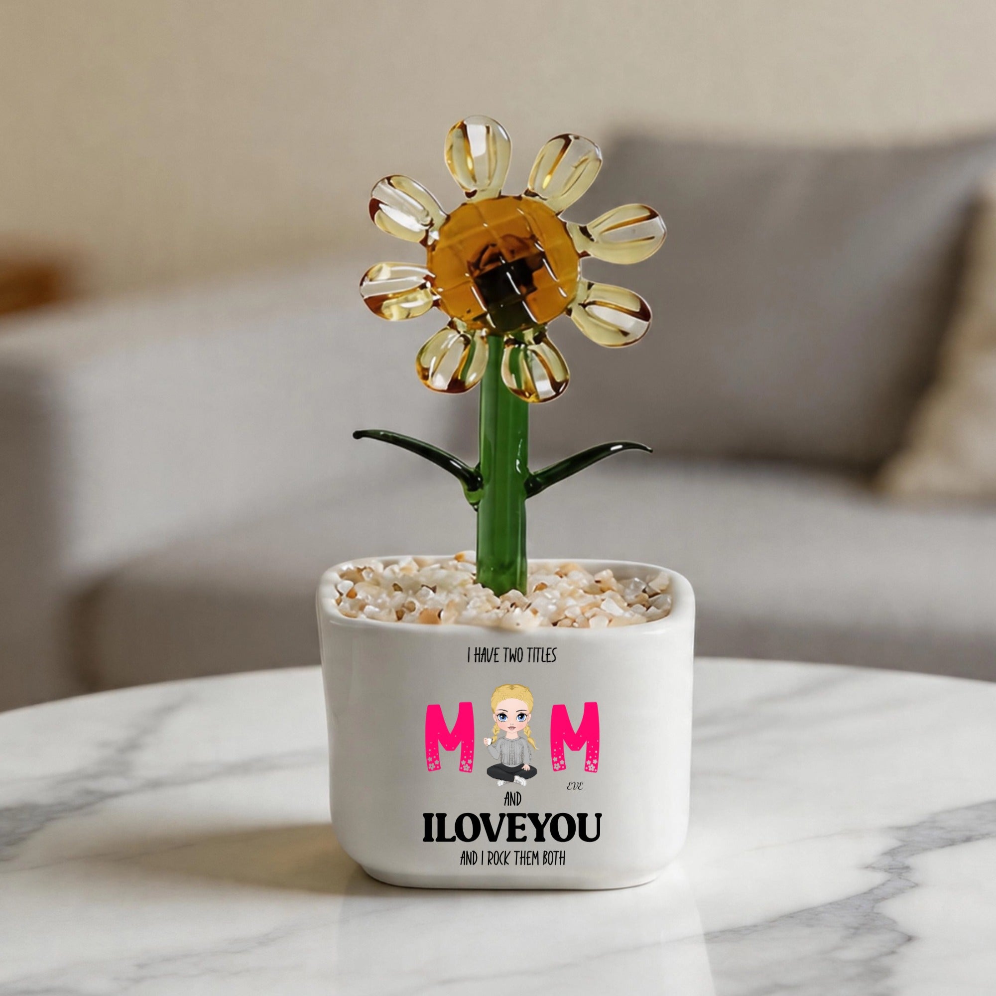 Customized "Mom, I Love You" Crystal Glass Sunflower Ornament