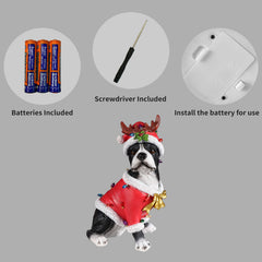 Panel showing what is included with the Boston terrier statue: the batteries, the small screwdriver and the cover plate on the underside of the base