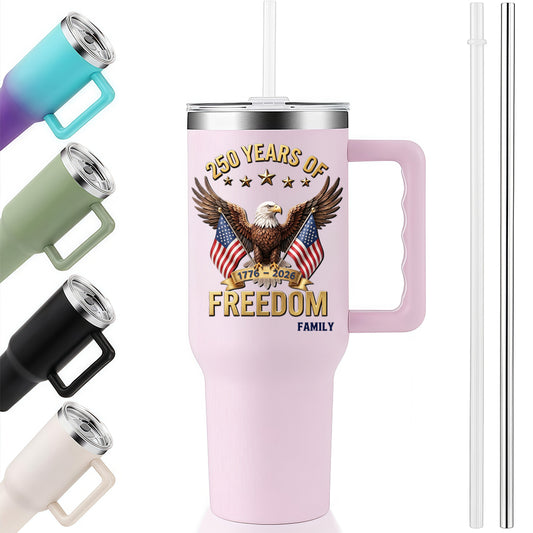 40oz Large Handle Tumbler | 250 Years Of Freedom Bald Eagle Dual American Flag Custom Family Name 1776-2026 Patriotic Stainless Steel Mug