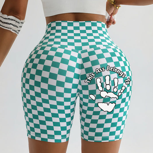 Personalized Custom Name This Ass Belongs To Handprint Biker Shorts, Custom Print Checkered High Waist Yoga Shorts