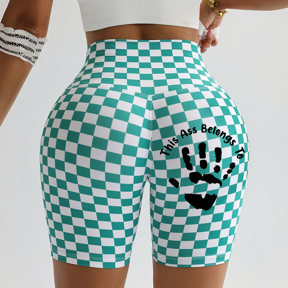 Personalized Custom Name This Ass Belongs To Handprint Biker Shorts, Custom Print Checkered High Waist Yoga Shorts