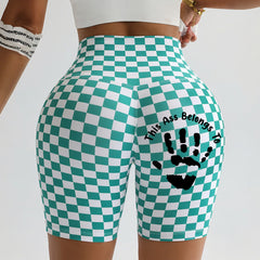 Personalized Custom Name This Ass Belongs To Handprint Biker Shorts, Custom Print Checkered High Waist Yoga Shorts