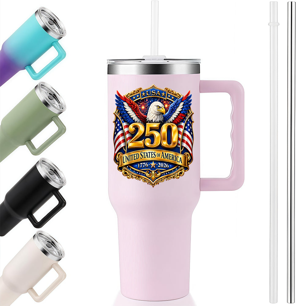 40oz Insulated Tumbler | USA 250th Anniversary Bald Eagle Golden Badge 1776-2026 Patriotic Large Capacity Travel Water Cup