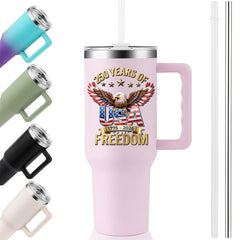 40oz Handle Travel Mug | 250 Years Of Freedom Eagle USA Flag Wings 1776-2026 Independence Day Reusable Stainless Steel Tumbler