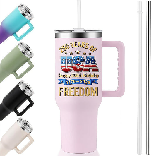 40oz Tumbler With Handle | Happy 250th USA Birthday 1776-2026 Stars Stripes Eagle Freedom Patriotic Gift Cup